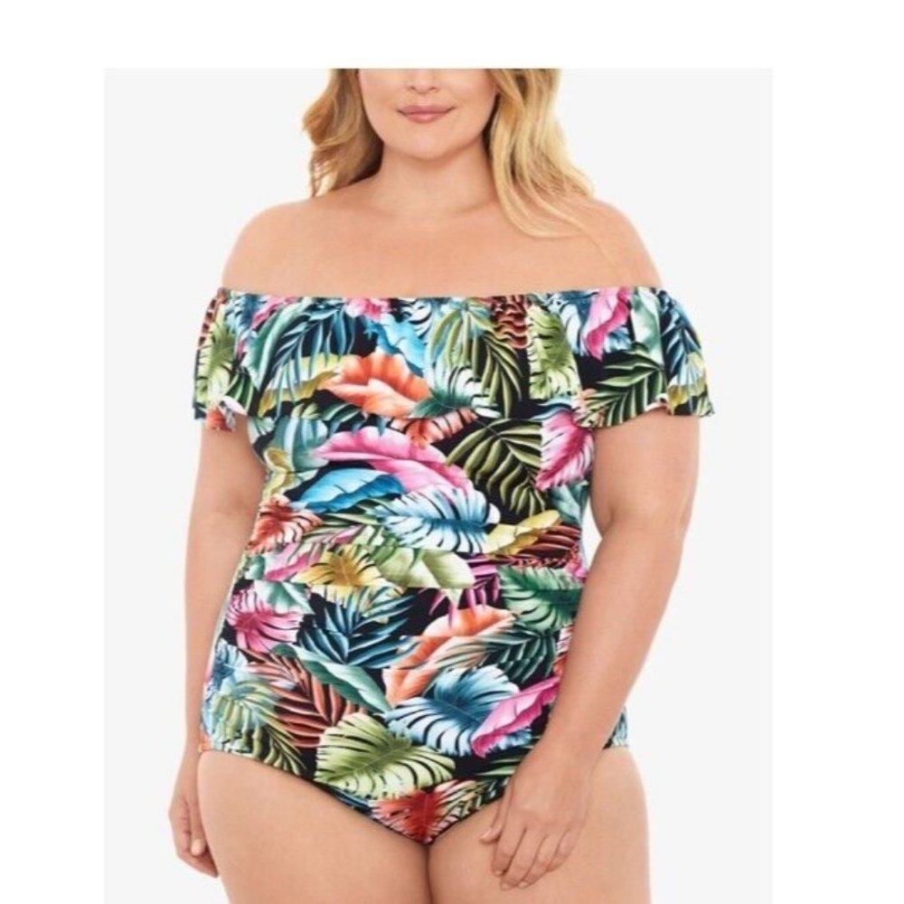 NWT Swim Solutions Plus Swim Off Shoulder Evening Palm 1 Piece Womens 20W Black